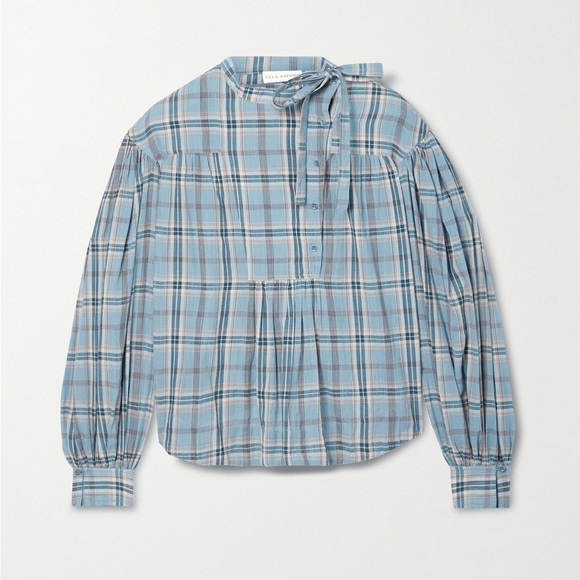 Ulla Johnson / Clarke blue plaid gathered checked cotton voile blouse top 8 - Picture 6 of 9
